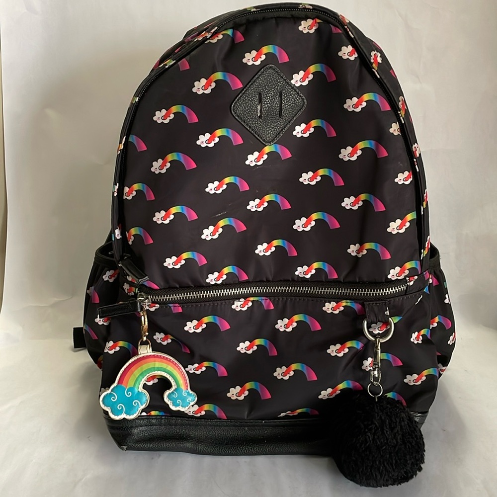Black Backpack w/ Two Compartments for Books/Laptop, Rainbow/Cloud Pattern